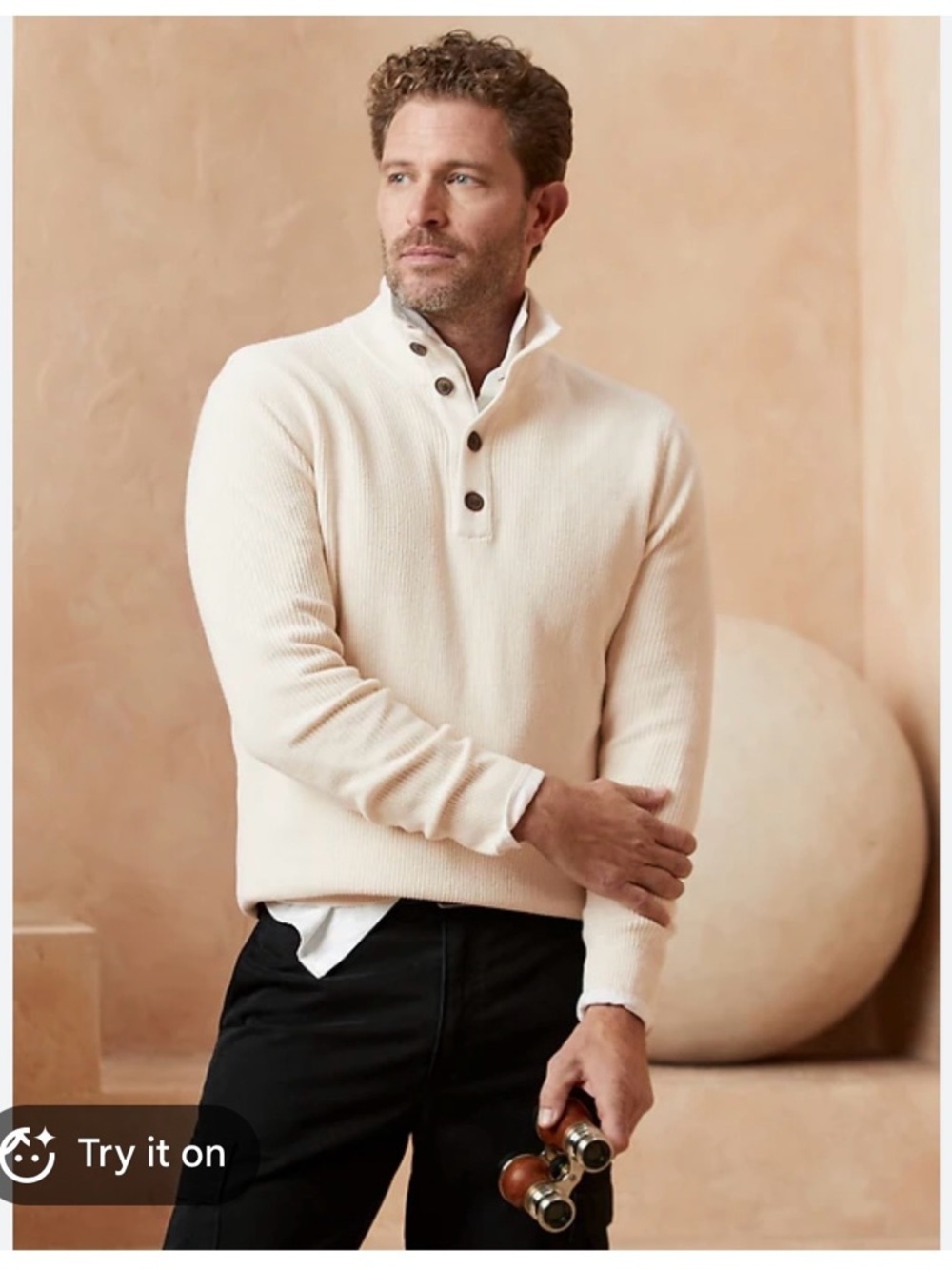 Banana Republic Men’s XL Cream Ribbed Knit Button Mock Neck Sweater Cotton Long